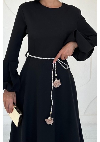 Siyah Balon Kollu Kuşaklı Elbise fırsatları