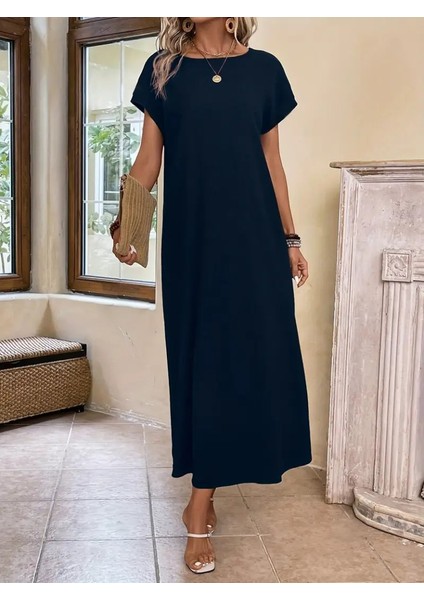 Kadın Uzun Kollu Yakası Açık Viskon Elbise