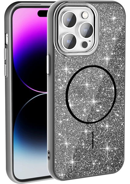 iPhone Uyumlu 14 Pro Max Kılıf M-Safe Şarj Özellikli Parlayan Simli Zore Okso Kapak-Siyah