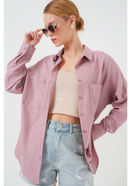 20126 Oversize Keten Gömlek - Gül Kurusu