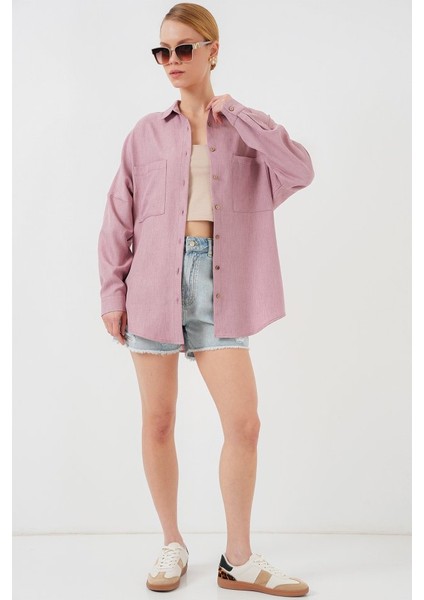 20126 Oversize Keten Gömlek - Gül Kurusu fiyatları