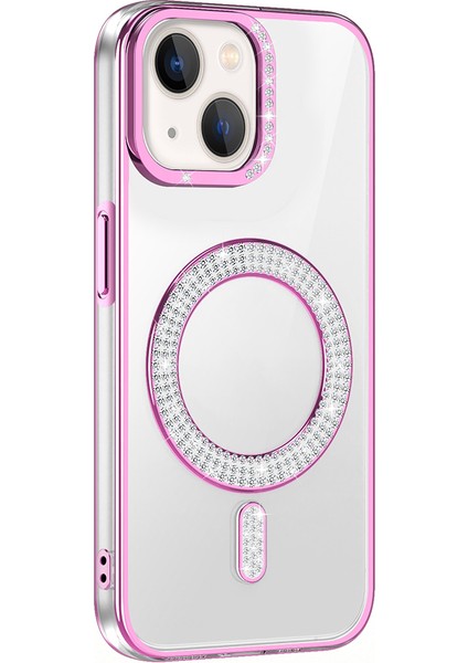 iPhone Uyumlu 15 Kılıf Pırlanta Taş Tasarımlı M-Safe Şarj Özellikli Zore Karetta Silikon Kapak-Rose Gold
