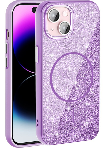 iPhone Uyumlu 15 Kılıf M-Safe Şarj Özellikli Parlayan Simli Zore Okso Kapak-Derin Mor