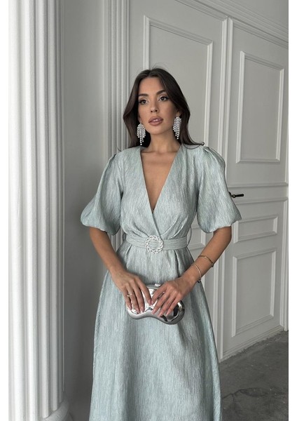 Mint Işıltılı Kemerli Kruvaze Elbise fırsatları