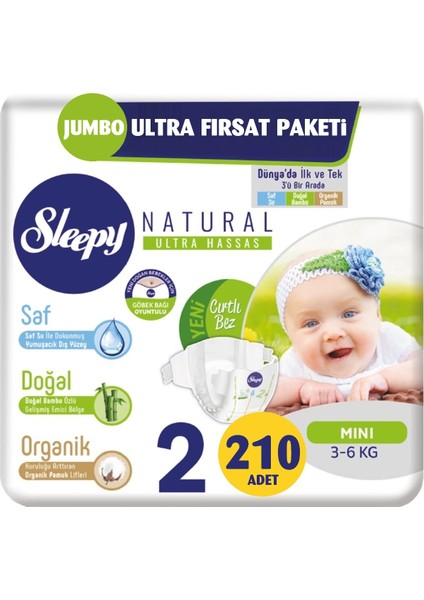 Bebek Bezi Naturel Beden:2 (3-6 kg) Mini 210 Adet Jumbo Ultra Fırsat Paket