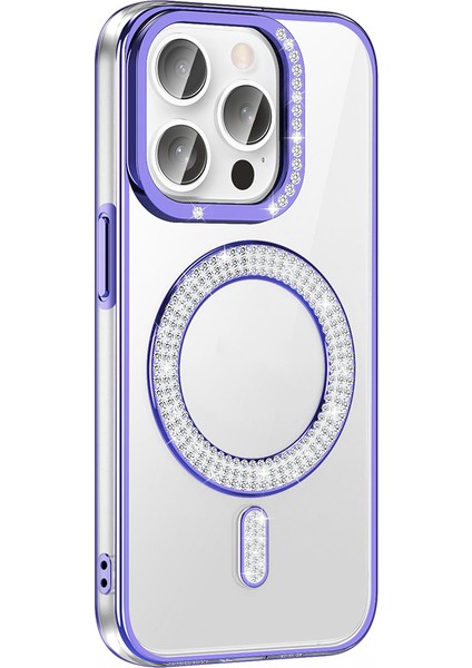 iPhone Uyumlu 14 Pro Max Kılıf Pırlanta Taş Tasarımlı M-Safe Şarj Özellikli Zore Karetta Silikon Kapak-Mor