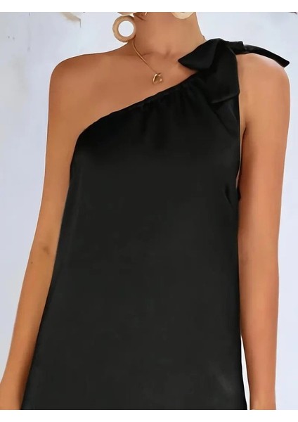 Kadın Tek Omuzdan Askılı Kurdela Detaylı Yırtmaçlı Uzun Janjan Krep Elbise fiyatları