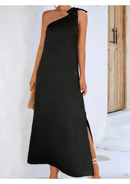 Kadın Tek Omuzdan Askılı Kurdela Detaylı Yırtmaçlı Uzun Janjan Krep Elbise fırsatları