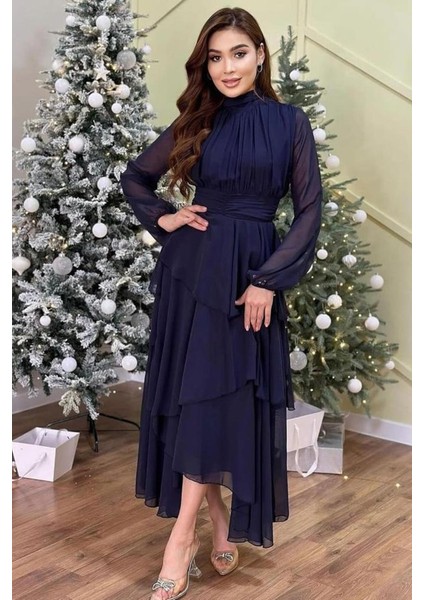 Lacivert Bel Detaylı Elbise