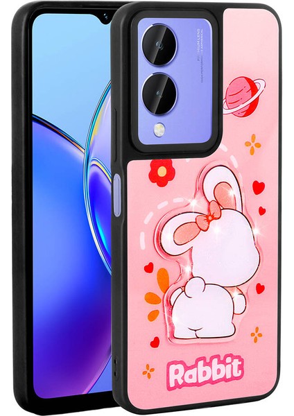 Vivo Y17S Kılıf Parlayan Kabartmalı Ikonik Figürlü Zore Amas Silikon Kapak-Pembe