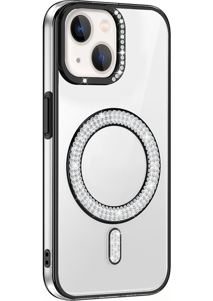 iPhone Uyumlu 15 Kılıf Pırlanta Taş Tasarımlı M-Safe Şarj Özellikli Zore Karetta Silikon Kapak-Siyah