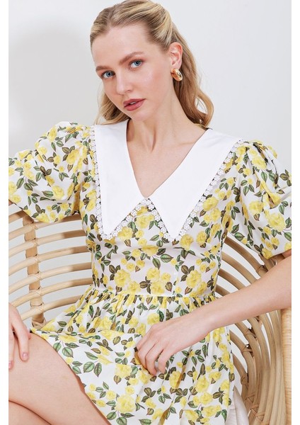 2478 Çiçekli Mini Elbise - Sarı