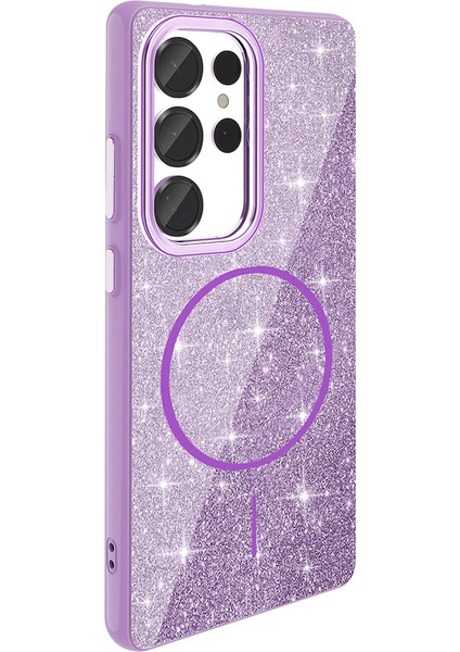 Galaxy Uyumlu S25 Ultra Kılıf M-Safe Şarj Özellikli Parlayan Simli Zore Okso Kapak-Derin Mor