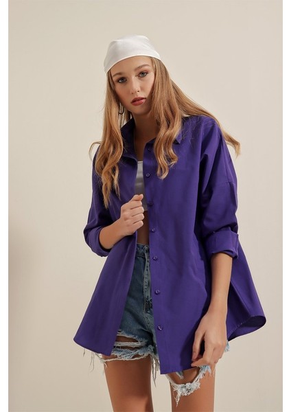 3900 Oversize Uzun Basic Gömlek - Mor fiyatları