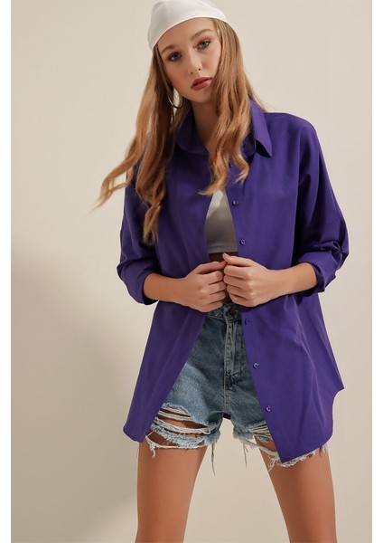 3900 Oversize Uzun Basic Gömlek - Mor indirimleri