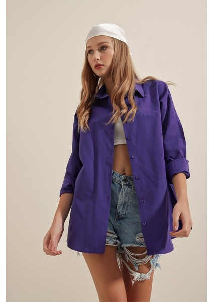 3900 Oversize Uzun Basic Gömlek - Mor