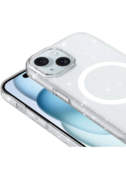 iPhone Uyumlu 15 Kılıf Zore M-Safe Şarj Özellikli Simli Şeffaf Arka Yüzey Erdos Silikon Kapak