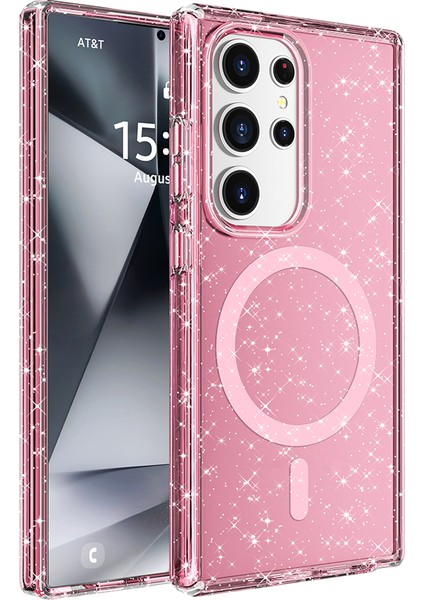 Galaxy Uyumlu S25 Ultra Kılıf M-Safe Şarj Özellikli Parlayan Simli Saydam Renkli Zore Allstar Kapak-Pembe