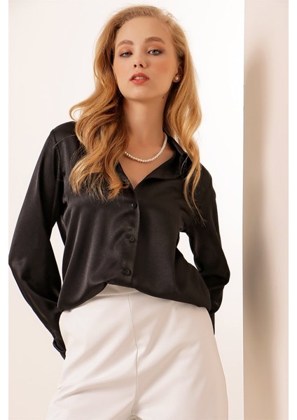 3964 Hafif Dökümlü Saten Gömlek - Siyah