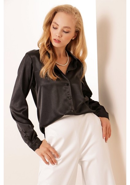 3964 Hafif Dökümlü Saten Gömlek - Siyah fiyatları