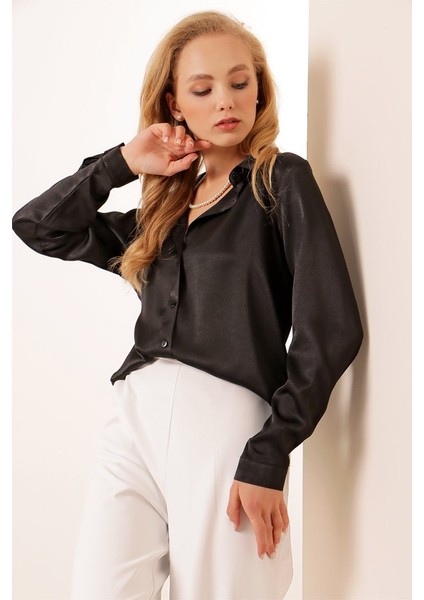 3964 Hafif Dökümlü Saten Gömlek - Siyah modelleri