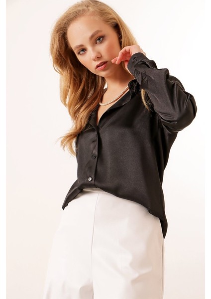 3964 Hafif Dökümlü Saten Gömlek - Siyah