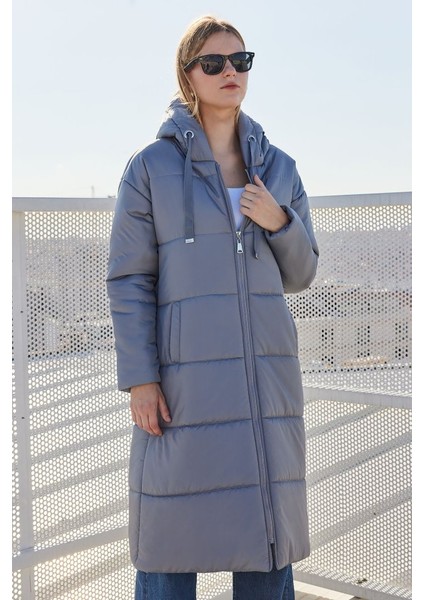 5120 Kapşonlu Uzun Şişme Mont - Gri modelleri
