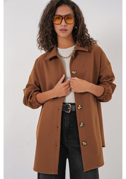 0674 Cepli Oversize Gömlek - Taba indirimleri