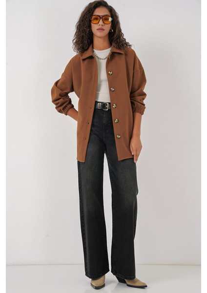 0674 Cepli Oversize Gömlek - Taba