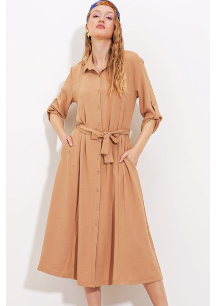 Camel Kuşaklı Gömlek Elbise 2442