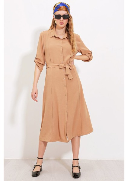 Camel Kuşaklı Gömlek Elbise 2442