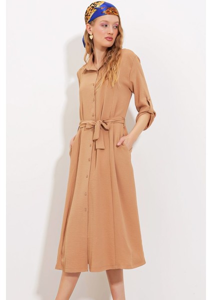 Camel Kuşaklı Gömlek Elbise 2442