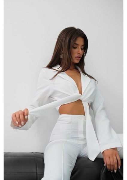 Bağlamalı Crop Ceket Pantolon Takım