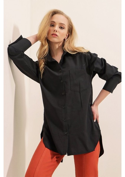 3952 Arkası Düğmeli Boyfriend Gömlek - Siyah indirimleri