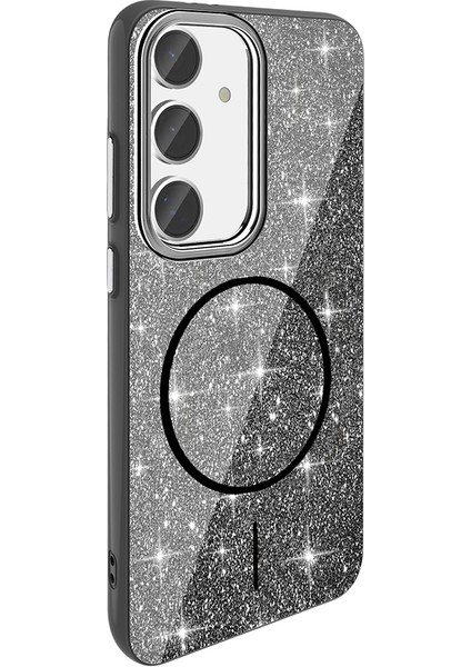 Galaxy Uyumlu S24 Fe Kılıf M-Safe Şarj Özellikli Parlayan Simli Zore Okso Kapak-Siyah