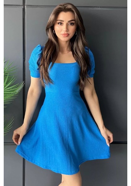 Indigo Kare Yaka Örme Mini Elbise