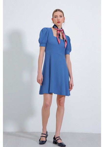 Indigo Kare Yaka Örme Mini Elbise