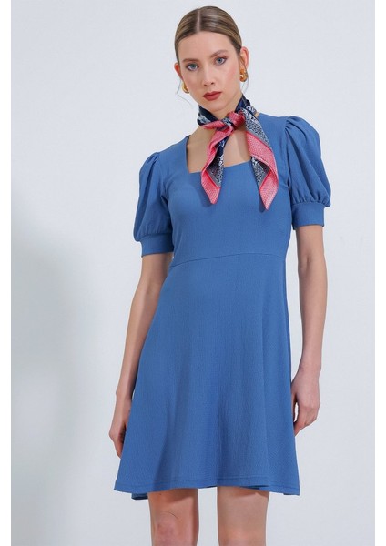 Indigo Kare Yaka Örme Mini Elbise