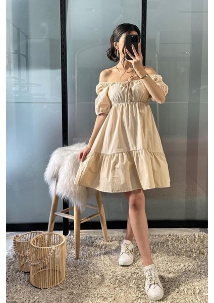 2351 Kloş Poplin Elbise - Krem