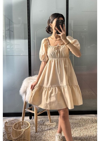 2351 Kloş Poplin Elbise - Krem