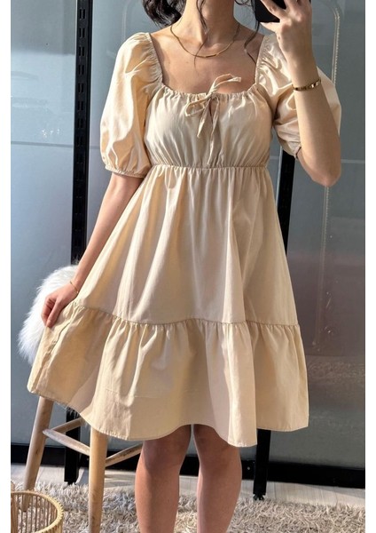 2351 Kloş Poplin Elbise - Krem