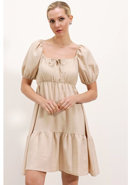 2351 Kloş Poplin Elbise - Krem