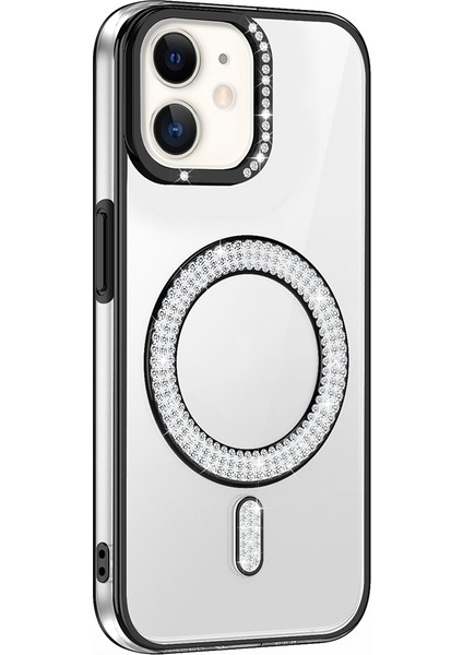iPhone Uyumlu 11 Kılıf Pırlanta Taş Tasarımlı M-Safe Şarj Özellikli Zore Karetta Silikon Kapak-Siyah