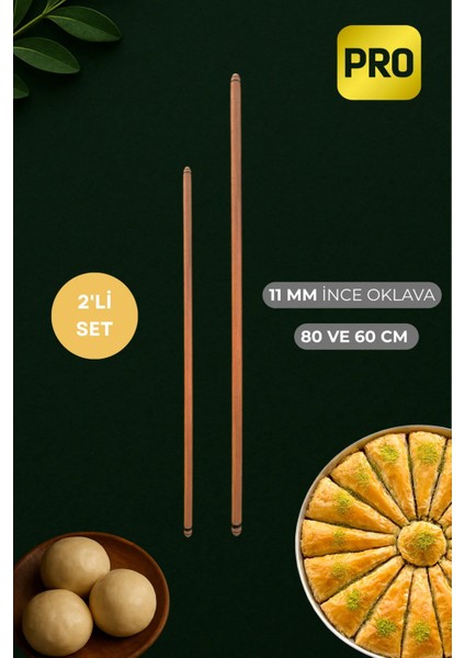 2'li Verniksiz Ince Oklava Seti | 80-60 cm |el Yapımı Kayın Ağacı Yufka Börek Burma Baklava Oklavası