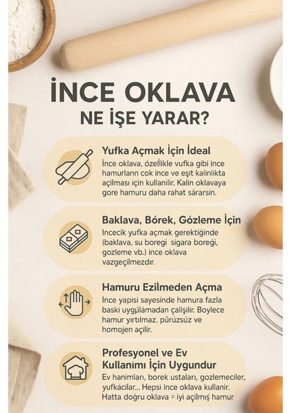 2'li Verniksiz Ince Oklava Seti | 80-60 cm |el Yapımı Kayın Ağacı Yufka Börek Burma Baklava Oklavası fırsatları