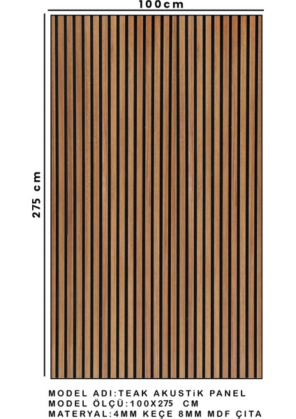 Mdf Ahşap Akustik Duvar Paneli - 100 x 275 cm - Teak