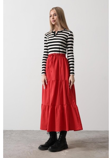 Pamuklu Beli Lastikli Etek - Kırmızı