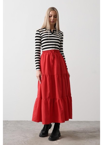 Pamuklu Beli Lastikli Etek - Kırmızı