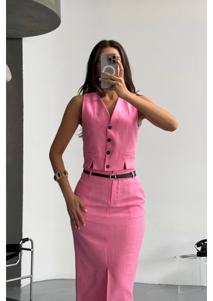 Yelek-Önden Yırtmaçlı Etek Tk Şantuk Keten - Pembe