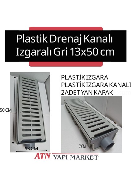 Plastik Drenaj Kanalı Izgaralı Gri 13X50 cm – Yan Çıkışlı Oluklu Su Tahliye Kanalı 50mm Çıkışlı
